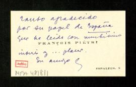 Tarjeta de François Piétri en la que agradece a Melchor Fernández Almagro su papel de España