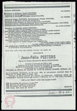 Fotocopia del recorte del diario Le Soir con la noticia del fallecimiento de Jean-Félix Peeters