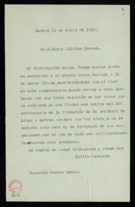 Carta de Emilio Cotarelo a H. C. Heaton en la que le ruega que envíe unas notas sobre los actos q...