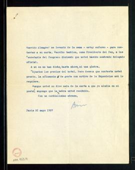 Carta de Azorín a Melchor Almagro en la que le dice que le escribe enfermo y que escribe también ...