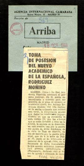 Recorte del diario Arriba con la noticia titulada Toma de posesión del nuevo académico de la Espa...