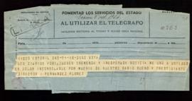 Telegrama de pésame de Wenceslao Fernández-Flórez por el fallecimiento del director Miguel Asín