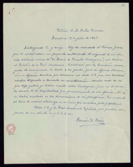 Carta de Ramón D. Perés a Julio Casares en la que le informa de que ha enviado por correo certifi...