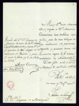 Orden de Pedro de Silva del pago a Antonio Carnicero de 720 reales de vellón por tres dibujos par...