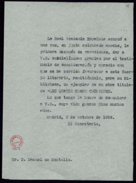 Copia sin firma del oficio del secretario [Julio Casares] a Manuel de Montoliú de traslado del ag...