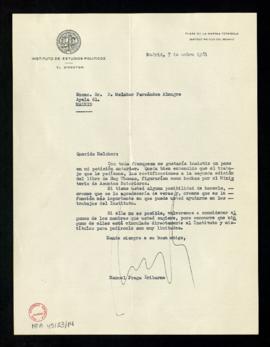 Carta de Manuel Fraga Iribarne, director del Instituto de Estudios Políticos, a Melchor Fernández...