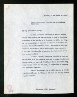 Copia sin firma del oficio de Julio Casares al secretario perpetuo de la Academia Francesa de tra...