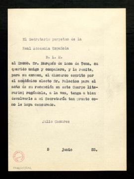 Copia sin firma del besalamano de Julio Casares, secretario, al marqués de Luca de Tena con el qu...