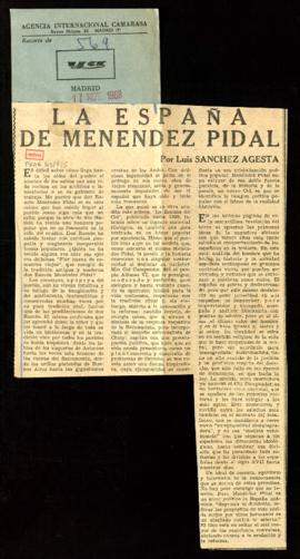 Recorte del diario Ya con el artículo La España de Menéndez Pidal, por Luis Sánchez Agesta