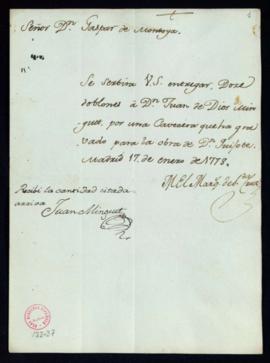 Orden del marqués de Santa Cruz del pago a Juan Minguet de 12 doblones por una cabecera que ha gr...