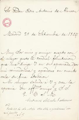 Carta de Antonio Alcalá-Galiano a Pedro Antonio de Alarcón en la que agradece su cordial felicita...