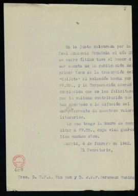 Minuta del oficio del secretario a C. F. Adolf van Dam y J. W. F. Werumeus Buning de traslado de ...