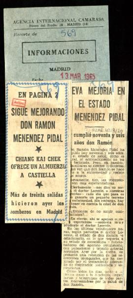 Recorte del diario Informaciones con la noticia Sigue mejorando don Ramón Menéndez Pidal