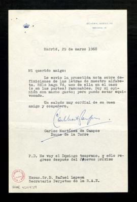 Oficio del duque de la Torre a Rafael Lapesa en la que le comunica que le envía la nota sobre def...