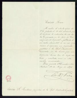 Carta de Nilo María Fabra al secretario [Manuel Tamayo y Baus] en la que expresa su agradecimient...