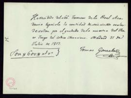 Recibo de Tomás González de 600 reales de vellón por el grabado de la muestra del Fuero Juzgo