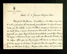 Carta de Antonio Alcalá Venceslada a Francisco Rodríguez Marín en la que le anuncia que enviará l...