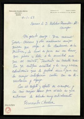 Carta de Fernando Chueca Goitia a Melchor Fernández Almagro en la que le informa de que Don Manue...
