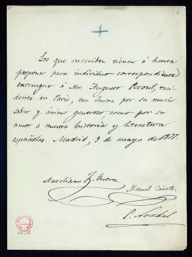 Propuesta firmada por Aureliano Fernández-Guerra, Manuel Cañete y Cándido Nocedal de Augusto Péco...