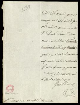 Oficio de José Pizarro al secretario [Francisco Antonio González] la obra manuscrita del padre Ju...