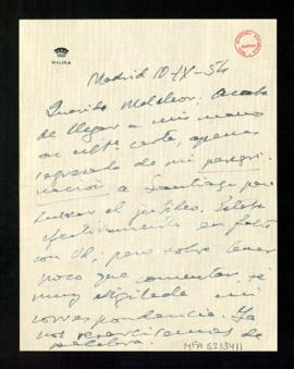 Carta de Gabriel Maura a Melchor Fernández Almagro en la que le dice que su carta le ha llegado c...