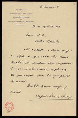 Carta de Rafael Álvarez Sereix a Emilio Cotarelo con la que le remite veinte ejemplares más del m...