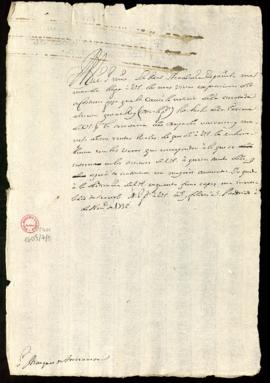 Minuta de la carta [de Vincencio Squarzafigo] al marqués de Torrenueva en la que le traslada la f...