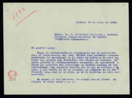 Copia de la carta de Julio Casares a Francisco Agramonte Cortijo, embajador de España en Copenhag...