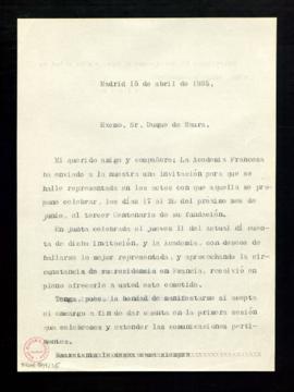 Minuta de la carta al duque de Maura para informarle de la resolución de la junta de ofrecerle el...