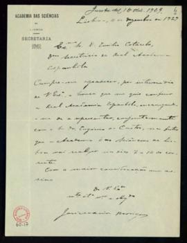 Carta de Jose Maria Rodrigues, secretario de la Academia das Sciéncias de Lisboa, a Emilio Cotare...