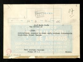 Copia del telegrama de Zamora Vicente a José María Pemán por el que le felicita su cumpleaños, an...