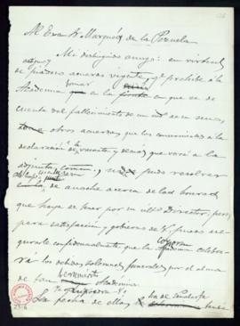 Minuta de la carta del secretario [Mariano Catalina] al marqués de la Pezuela en la que le comuni...