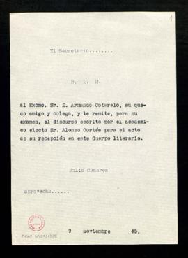 Copia sin firma del besalamano de Julio Casares a Armando Cotarelo con el que le remite, para su ...