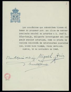 Propuesta de José Díaz-Caneja como académico correspondiente español en Asturias
