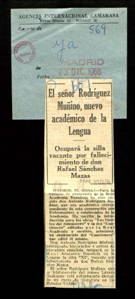Recorte del diario Ya con la noticia titulada El señor Rodríguez Muñino [Moñino], nuevo académico...