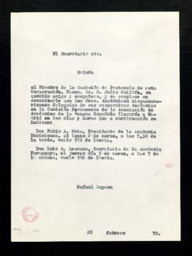 Copia sin firma del saluda del secretario, Rafael Lapesa, a Julio Guillén sobre los detalles de l...