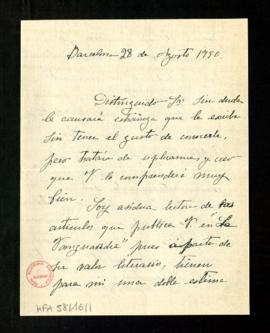 Carta de Dolores de Sojo, viuda de Gual, a Melchor Fernández Almagro en la que se lamenta del olv...
