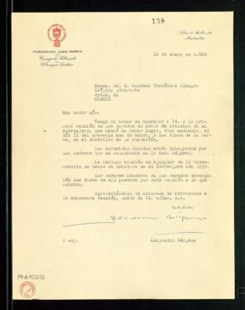 Carta de Alejandro Bérgamo, secretario del Patronato de la Fundación Juan March, a Melchor Fernán...