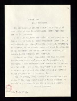 Copia de la carta de respuesta de Manuel Machado a Luis Doménech en la que le asegura que la Acad...
