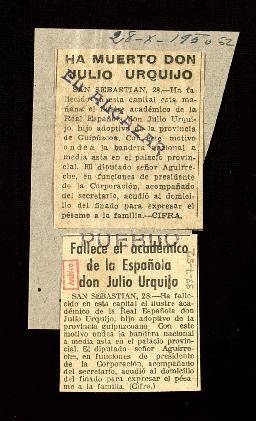 Ha muerto don Julio Urquijo, noticia de El Alcázar, y Fallece el académico de la Española don Jul...
