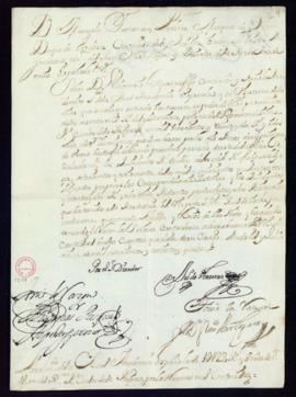 Orden del marqués de Villena del libramiento a favor de Carlos de la Reguera de 1822 reales y 8 m...