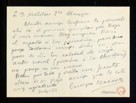 Carta de Enrique Chicote a Melchor Fernández Almagro con la que le manda el primer ejemplar que l...