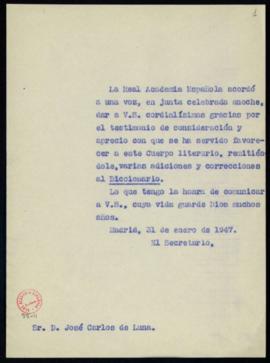 Copia sin firma del oficio del secretario a José Carlos de Luna de traslado del agradecimiento de...