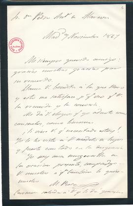 Carta de Mariano Roca de Togores a Pedro Antonio de Alarcón en la que agradece su consuelo por la...