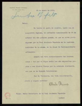 Carta de  Alberto Brenes Córdova a Emilio Cotarelo, secretario, en la que acusa el recibo de su c...