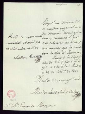 Orden de Manuel de Lardizábal del pago a Matías Ricarte de 2550 reales de vellón por el tirado de...