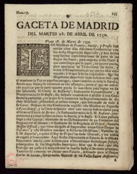 Gaceta de Madrid de 28 de abril de 1750 que incluye la noticia de la asistencia de una comisión d...