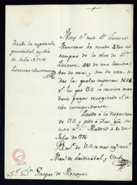 Orden de Manuel de Lardizábal del pago a Lorenzo Muntaner de 1645 reales de vellón por 4700 estam...