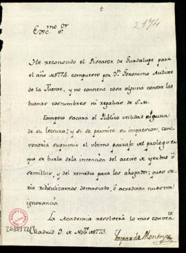 Informe desfavorable de Gaspar de Montoya sobre la publicación del Pronóstico para el año de 1774...