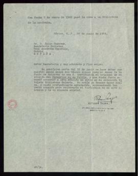 Carta de Alfonso Reyes a Julio Casares, secretario de la Real Academia Española, con su agradecim...